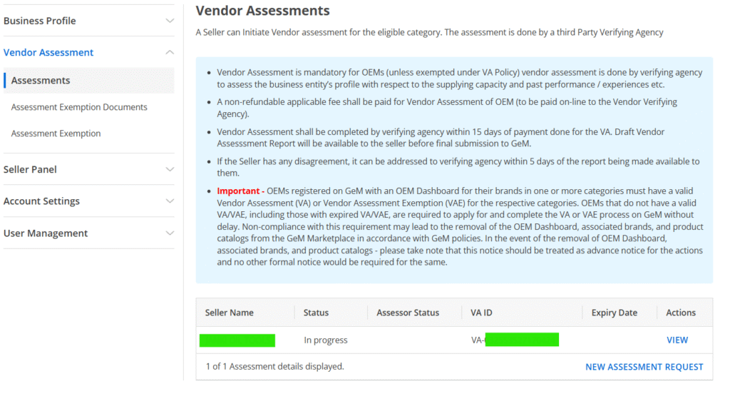Update Seller Profile on GeM Portal 2025 – Vendor Assessment Request