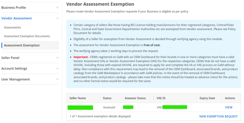 Update Seller Profile on GeM Portal 2025 – Assessment Exemption Request